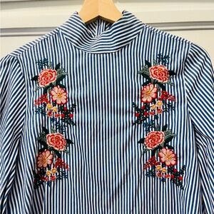 Gorgeous Blue Striped Blouse with Floral Embroidery